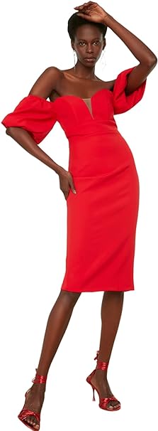 Trendyol FeMan Midi Off-Shoulder Fitted Woven Dress Rot 42