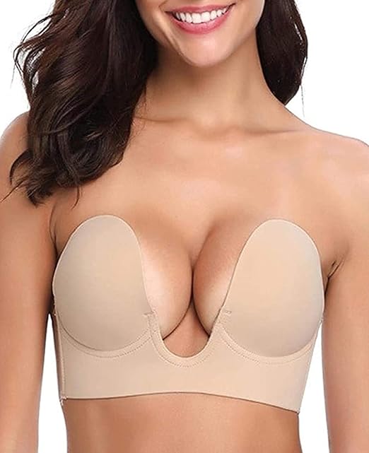 Bontierie Women's Push Up Plunge Adhesive Deep U-Shaped Sticky Bra, Strapless Backless Breast Lifting Bra, Beige, D