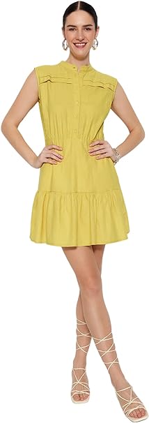 Trendyol Women's Shirt Regular fit Woven Dress, Yellow, 36