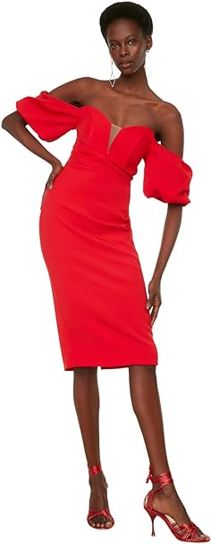Trendyol FeMan Midi Off-Shoulder Fitted Woven Dress Rot 42