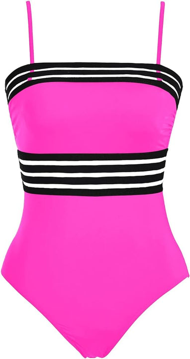 Holipick One Piece Swimsuits Tummy Control Strapless Bathing Suits for Women Slimming Bandeau Tube Swimswear, Hot Pink, Large