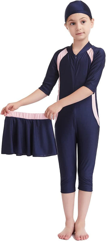 Girls' Modest Muslim Swimwear UPF 50+ UV Islamic Hijab Swimsuit Long Sleeve Top Shirt with Shorts Swimming Cap 3-Piece Swimsuit Beach Wear, Navy Blue 1, 9-10 Years