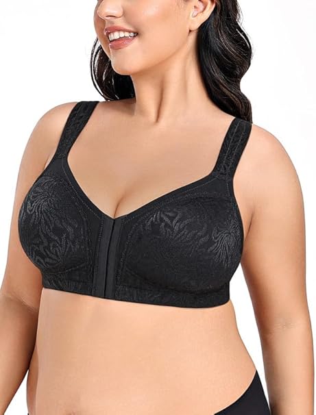 WingsLove Front Fastening Bras for Women Minimizer Wireless Non Padded Full Coverage Back Support Plus Size Bras (Black,36DD)