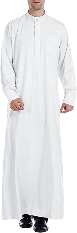 YAOHUOLE Men's Kaftan Abaya Thobe Button Up Long Sleeve Muslim Thobe Side Split Casual Abaya Robe White M