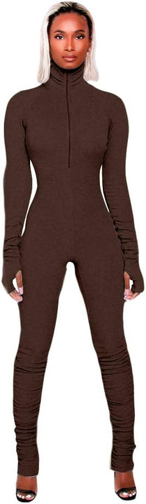 XLLAIS Women's Long Sleeve High Neck Zipper Bodycon Tight Full Length Jumpsuits Rompers One Piece Outfits Brown M