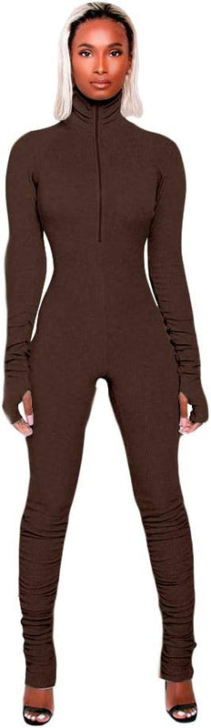 XLLAIS Women's Long Sleeve High Neck Zipper Bodycon Tight Full Length Jumpsuits Rompers One Piece Outfits Brown M