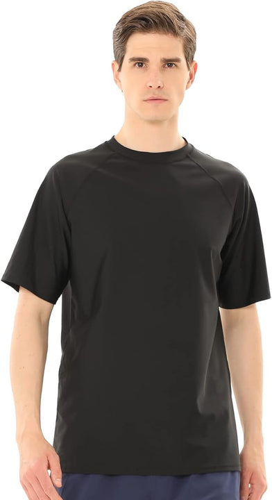 TIZAX Men's Rash Vest Short Sleeve UV Rash Guard Shirts UPF 50+ Sun Protection Swimming Top Sport Tee Shirt Quick Dry Black XXL