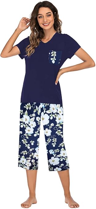 Famulily Pyjamas women Ladies 3/4 Short pjs Summer Nightware Womens Floral Cotton Pyjamas Dark Blue XL
