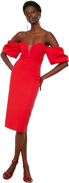 Trendyol FeMan Midi Off-Shoulder Fitted Woven Dress Rot 42