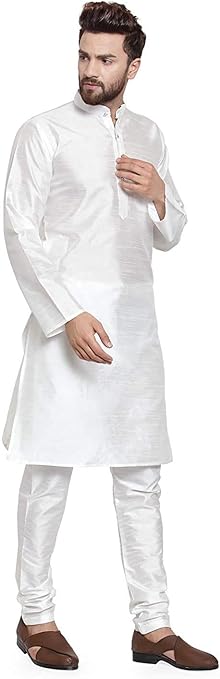 FASHIONZAADI Men Silk Kurta Pajama Set Indian Men's Wedding Designer Collection Party Wear Churidar Kurta for Boys (White, 3XL)