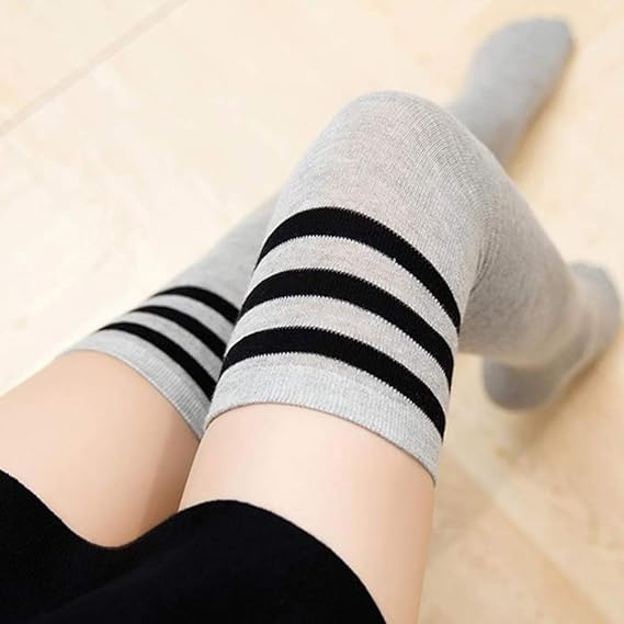 DRESHOW 2 Pairs Over Knee Thigh Socks Thigh High Socks Casual High Stockings Long Knee High Socks for Girl and Women, White/Grey / One Size