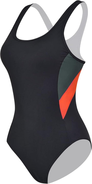 Veranobreeze Women's Sports One Piece Swimsuit Racerback Black Sports Swimwear（Grey & Orange,UK18）