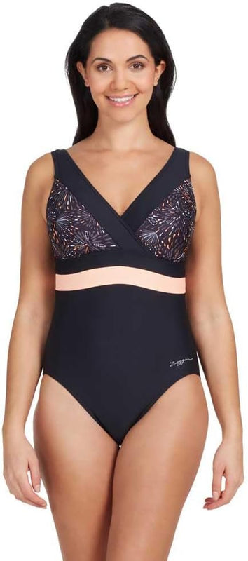 Zoggs Women's Square Back One Piece Swimsuit, Black/Coral, 14