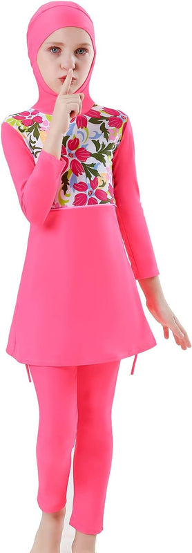 Girls' Modest Muslim Swimwear UPF 50+ UV Islamic Hijab Swimsuit Long Sleeve Top Shirt with Shorts Swimming Cap 3-Piece Swimsuit Beach Wear, rose, 11-12 Years