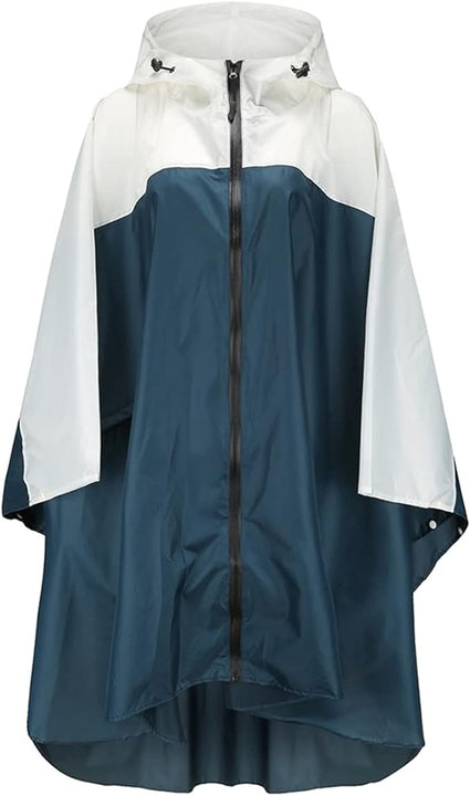 Freiesoldaten Women's Waterproof Rain Poncho, Stylish, Reusable, Lightweight, Outdoor Raincoat, Rain Jacket with Hood, white-blue, One Size Plus