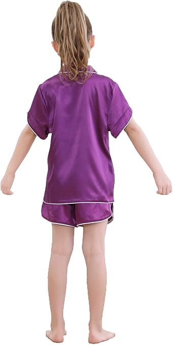Alcea Rosea Kids Short Sleeve Silky Satin Pajama Set Button-Down Sleepwear Pajama Shorts Nightwear110-150(Purple,kids-120cm-5-6years)