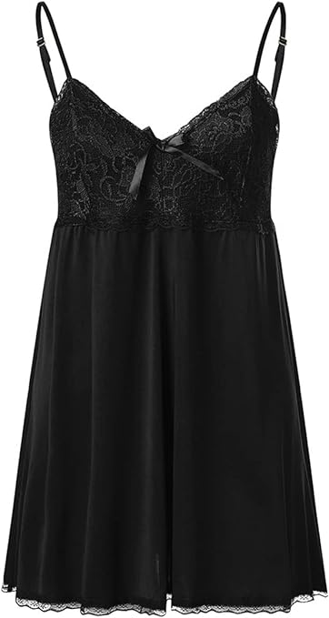 Bunanphy Sexy Lingerie Dress Babydoll Nightwear Set Women Lace Nightdress Sleepwear with G-String Black 14-16