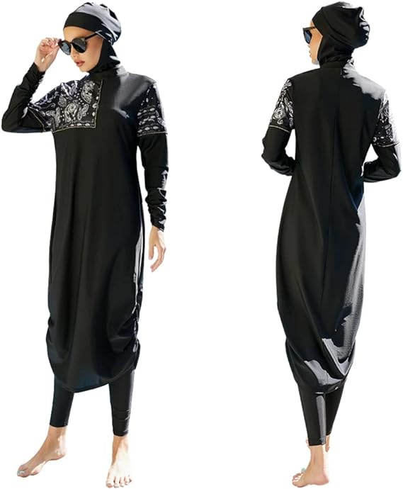 OBEEII Women's Swimsuit Muslim Suit Conservative Long Sleeve Trousers with Headscarf Three-Piece Beach Surf S-XL, Black 02, M