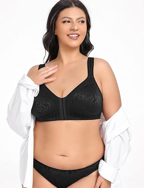 WingsLove Front Fastening Bras for Women Minimizer Wireless Non Padded Full Coverage Back Support Plus Size Bras (Black,36DD)