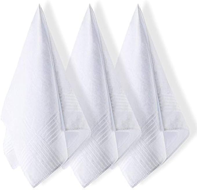 DUDU N GIRLIE Mens White Handkerchiefs Quality Cotton Gents Hankies - 12 Pack of Mans Handkerchieves Satin Border White 100% Soft Cotton Pocket Hanks
