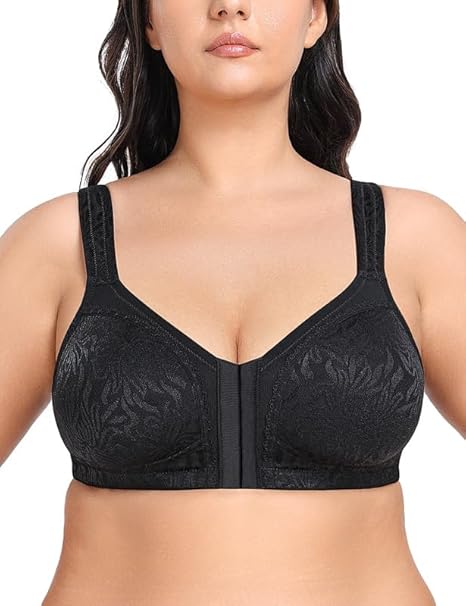 WingsLove Front Fastening Bras for Women Minimizer Wireless Non Padded Full Coverage Back Support Plus Size Bras (Black,36DD)