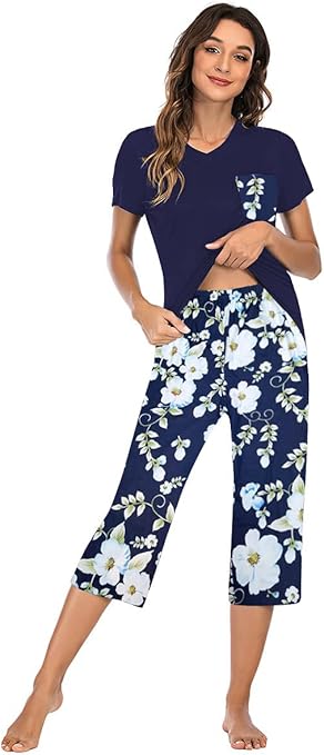 Famulily Pyjamas women Ladies 3/4 Short pjs Summer Nightware Womens Floral Cotton Pyjamas Dark Blue XL