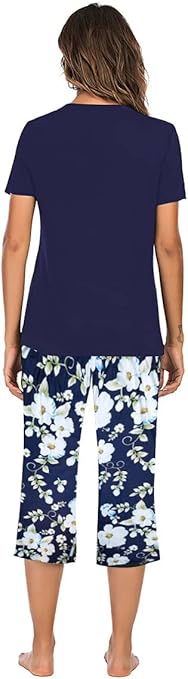 Famulily Pyjamas women Ladies 3/4 Short pjs Summer Nightware Womens Floral Cotton Pyjamas Dark Blue XL
