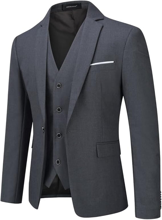 Allthemen 3 Piece Slim Fit Suit Wedding Dress Casual One Button Lounge Suit, XS, Grey