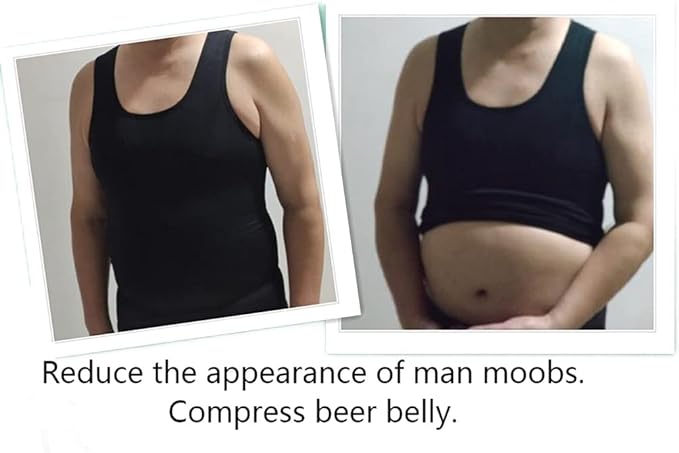 Henicepte Men Slimming Tummy Control Chest Compression Hide Gynecomastia Undershirt Shapewear, Black, Large