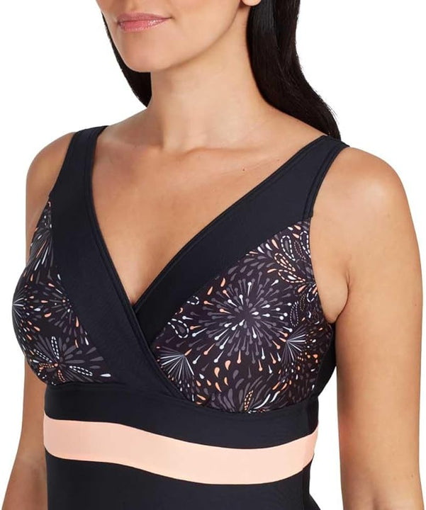 Zoggs Women's Square Back One Piece Swimsuit, Black/Coral, 14