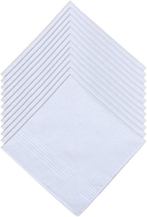 DUDU N GIRLIE Mens White Handkerchiefs Quality Cotton Gents Hankies - 12 Pack of Mans Handkerchieves Satin Border White 100% Soft Cotton Pocket Hanks