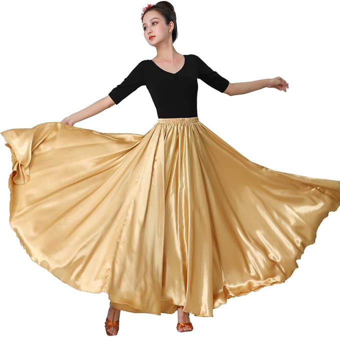 SANCAN Womens Full Ankle Length Retro Long Maxi Skirt for Dance Gypsy Costume Party Cosplay Renaissance Festival Faire, Gold, One Size