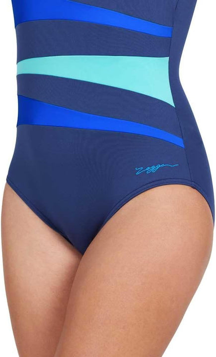 Zoggs Women's Sumatra Adjustable Scoopback Swimwear with Tummy Control, Navy/Blue/Jade, 38-inch/Size 14