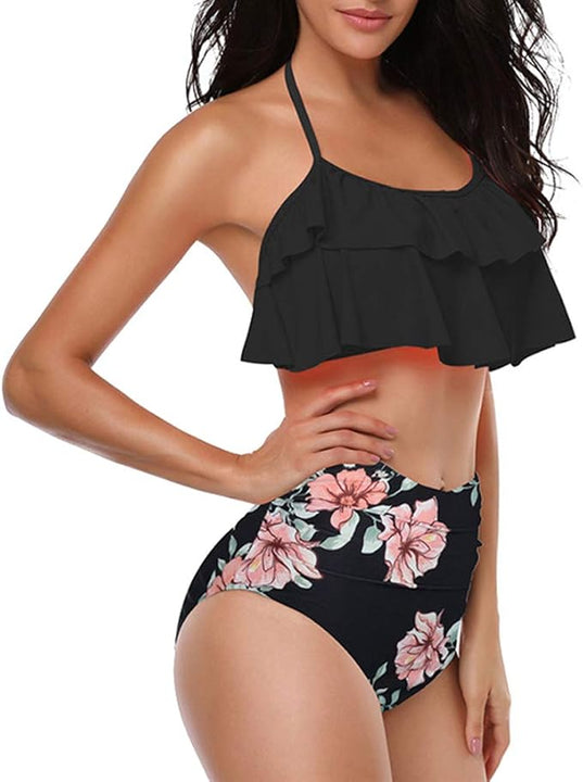 TEERFU Womens Swimwear High Waisted Padded Halter Beach Bathing Suits Bikini Set, Black, XL (18-20)
