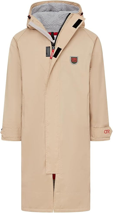 D-Robe Beaufort Outdoor Robe with Fleece Lining & Adjustable Hood, Waterproof & Windproof Oversized Coat, Beach Changing Robe (UK, Alpha, M, Regular, Regular, Warm Sand)