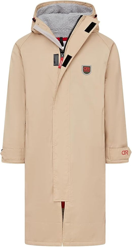 D-Robe Beaufort Outdoor Robe with Fleece Lining & Adjustable Hood, Waterproof & Windproof Oversized Coat, Beach Changing Robe (UK, Alpha, M, Regular, Regular, Warm Sand)