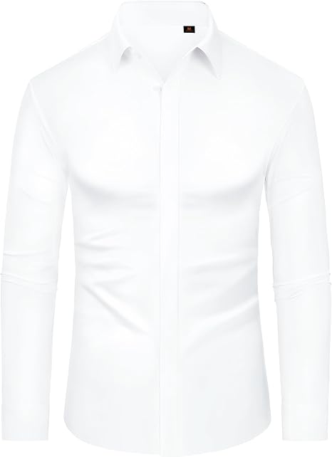 DEMEANOR Stretch Dress Shirts for Men Long Sleeve Mens Dress Shirts Slim fit Mens Casual Non Iron Shirts Formal Muscle fit Shirts for Men Pearl White, M