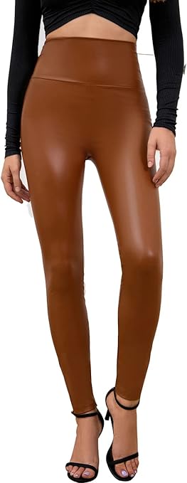 Everbellus Sexy Womens Faux Leather High Waisted Leggings, Brown, Large
