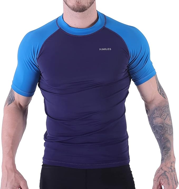 H.MILES Men's Rash Vest Short Sleeve Male Adults Rashguard Swim Base Layer Snorkeling Swimming Surfing Tops Diving Beach T-shirt DK Navy/DK Blue L