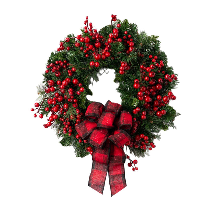 Large Red Berry Christmas Wreath – Burgundy Bow & Plaid Ribbon Door Decoration