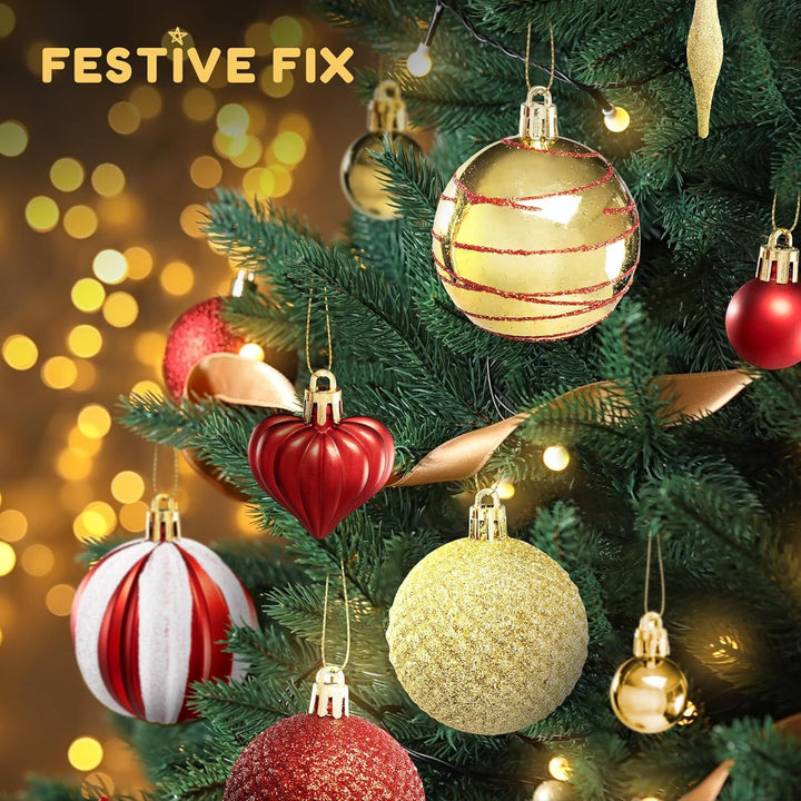 Festive Fix 130Pcs Christmas Baubles Set – Red & Gold Shatterproof Ornaments