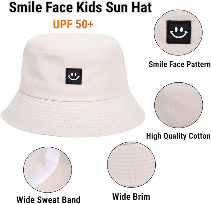 imKutie Kids Smile Face Sun Hat, UPF 50+ Toddler Boys Girls Summer Bucket Hat Wide Brim Unisex Beach Hats Caps for 4-8 Years Beige