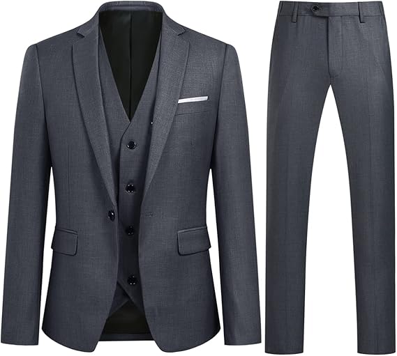 Allthemen 3 Piece Slim Fit Suit Wedding Dress Casual One Button Lounge Suit, XS, Grey