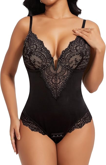 SHAPERIN Women Lace Bodysuit Shapewear Tummy Control Shaping Bodysuit Sexy Deep V Neck Bodysuit Top Body Shaper with Bra, Black, XL