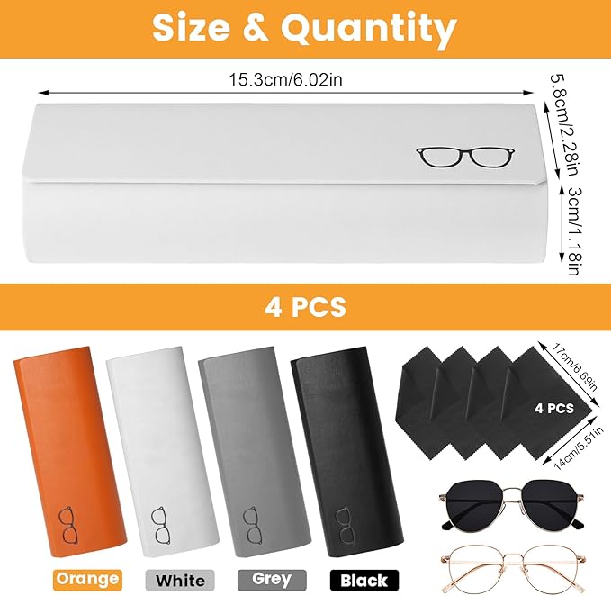 KATIMI 4PCS Glasses Case Hard Shell PU Leather Women Men, Magnetic Hard Glasses Case with 4 Cleaning Cloth for Sunglasses Storage, Portable Hardshell Eyeglasses Case (4 Colours)