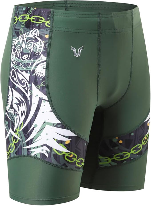 HUGE SPORTS Men's Splice Swimming Shorts Compression Jammer Long Wild Series, Bear Green, XXL