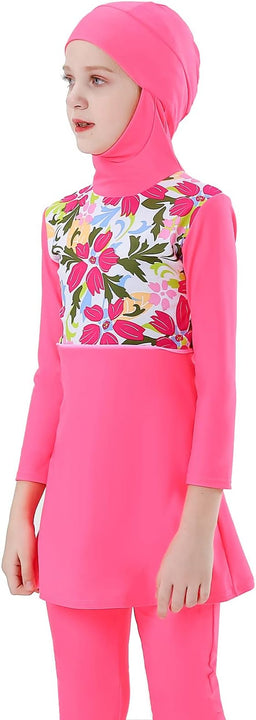 Girls' Modest Muslim Swimwear UPF 50+ UV Islamic Hijab Swimsuit Long Sleeve Top Shirt with Shorts Swimming Cap 3-Piece Swimsuit Beach Wear, rose, 11-12 Years
