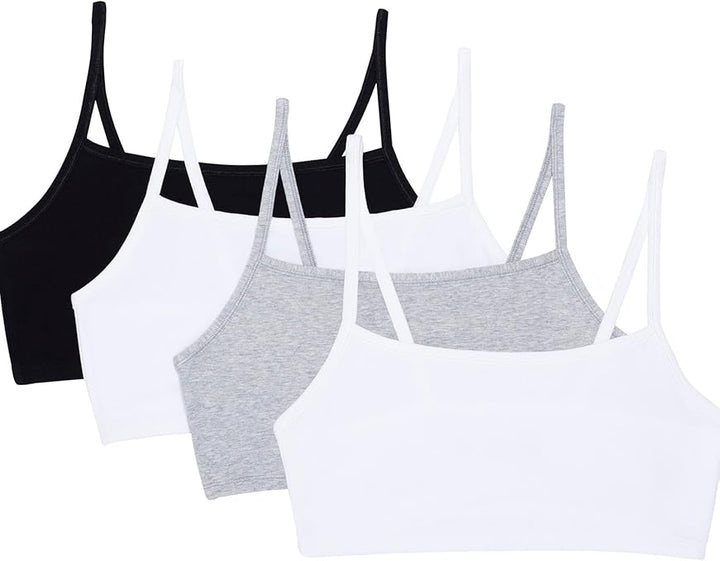 Fruit of the Loom Women's Spaghetti Strap Cotton Pullover Sports Bra Value Pack, Opaque, Black/White/White/Heather Grey 4-Pack, 38 (Pack of 4)