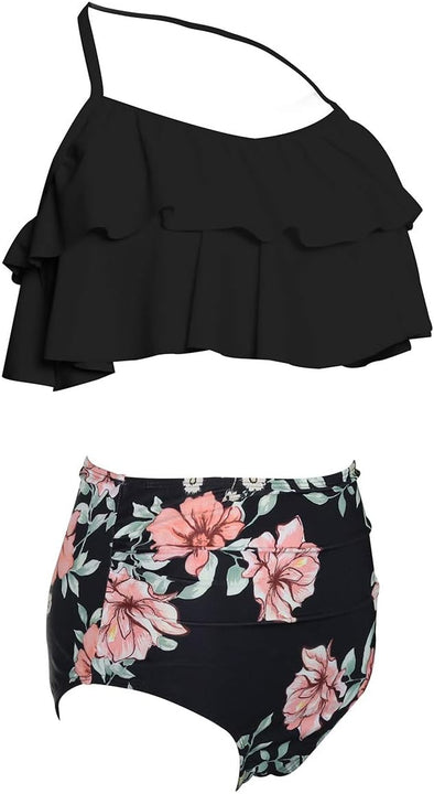 TEERFU Womens Swimwear High Waisted Padded Halter Beach Bathing Suits Bikini Set, Black, XL (18-20)