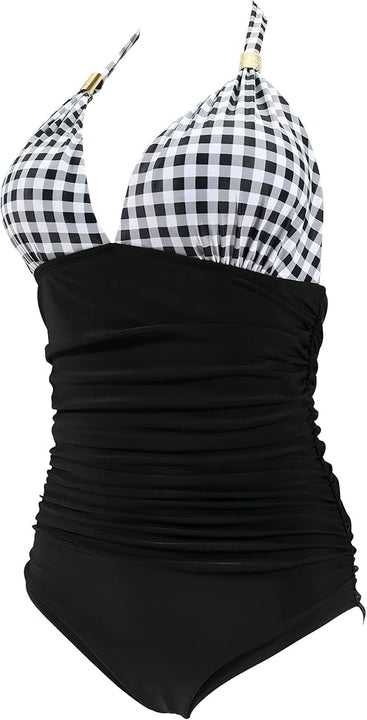 RXRXCOCO Halter Neck Tummy Control Swimsuit Women One-Piece Ruched Non Padded Swimming Costume